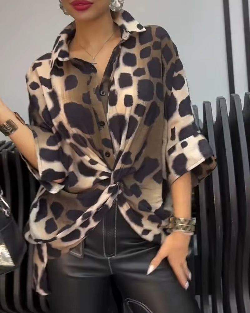 Elevate Your Style with Our Leopard Print Turn-Down Collar Oversized Blouse - Perfect for Casual Spring/Summer Outings!