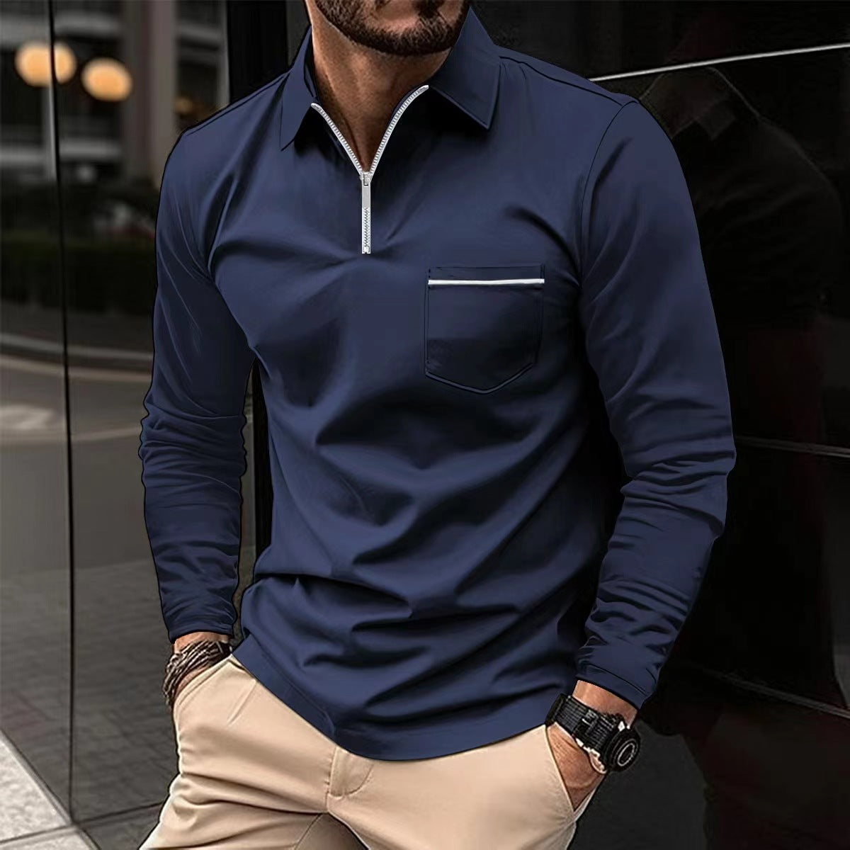 Autumn Essential: Stylish Long Sleeve Zipper Polo Shirt for Men