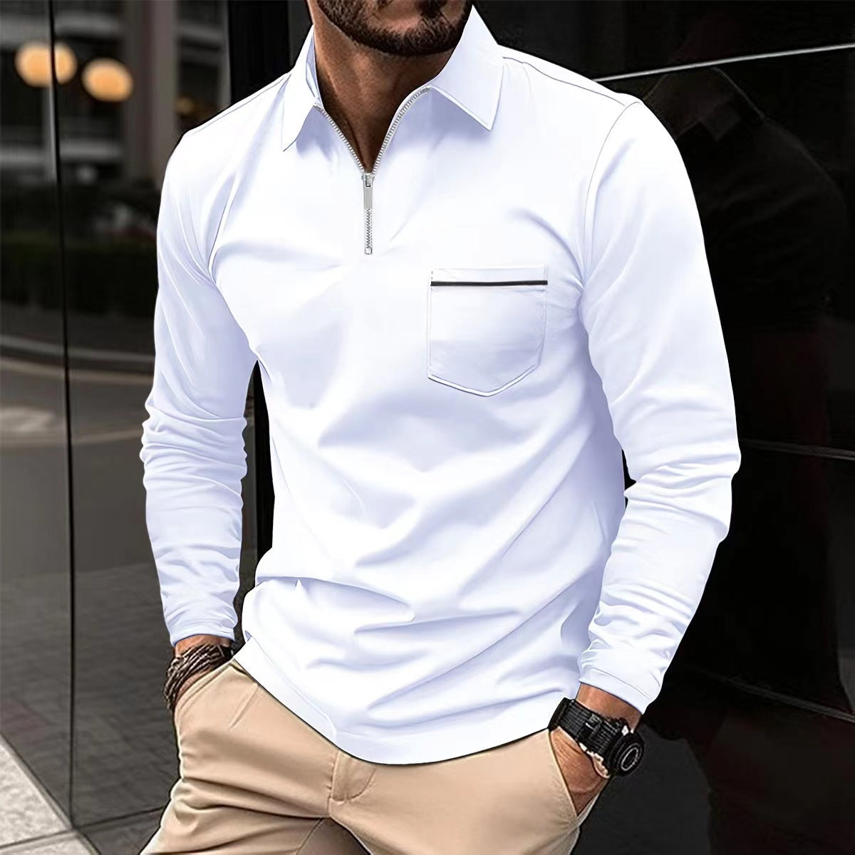 Autumn Essential: Stylish Long Sleeve Zipper Polo Shirt for Men
