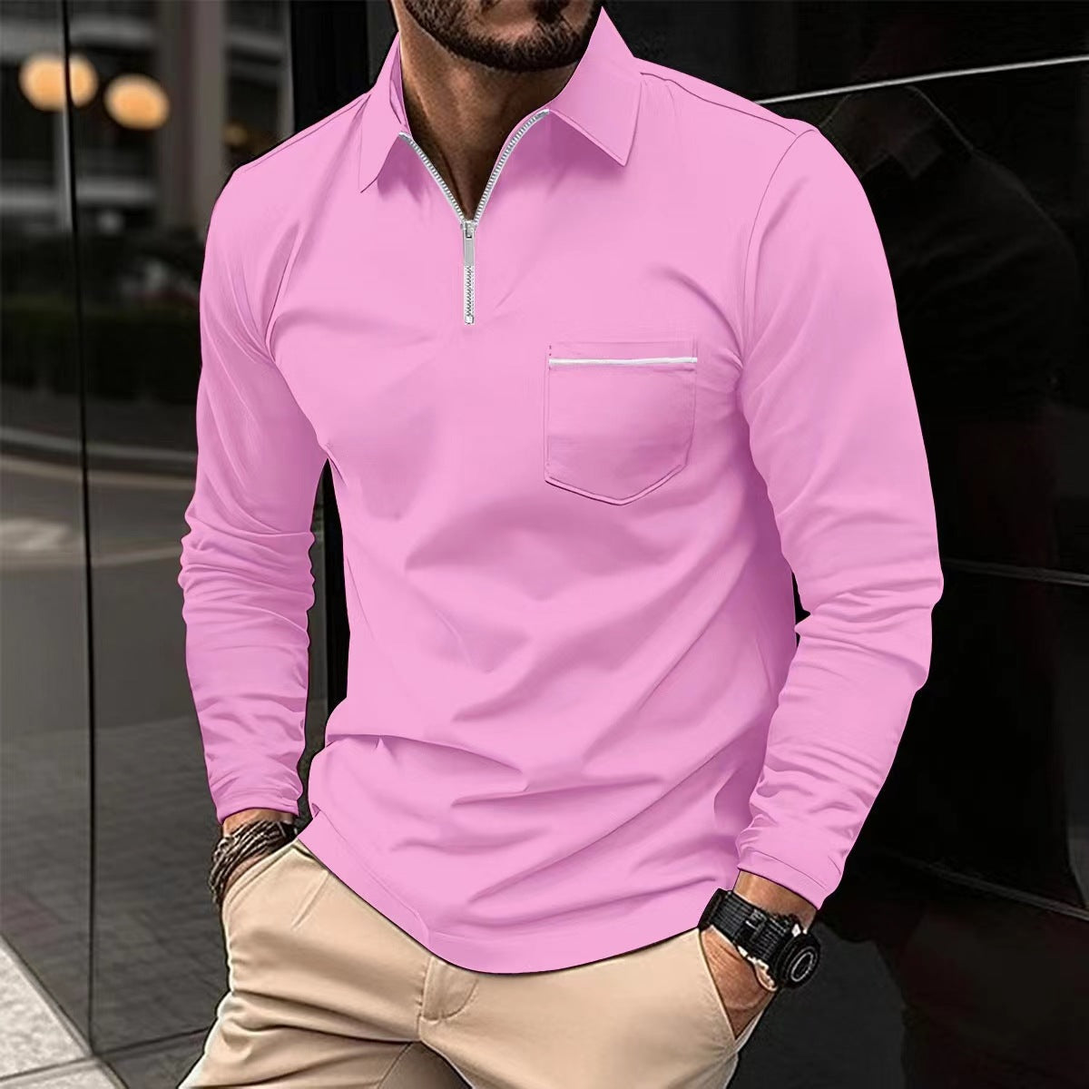 Autumn Essential: Stylish Long Sleeve Zipper Polo Shirt for Men