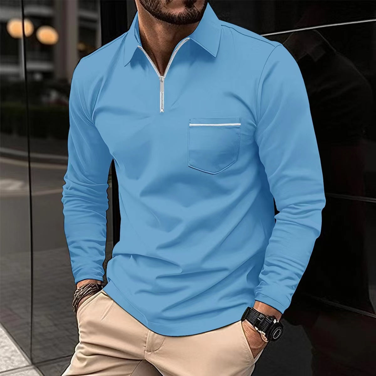 Autumn Essential: Stylish Long Sleeve Zipper Polo Shirt for Men