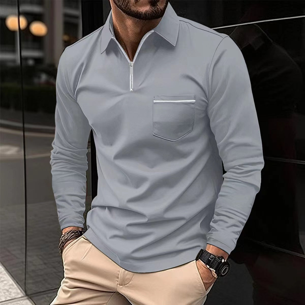 Autumn Essential: Stylish Long Sleeve Zipper Polo Shirt for Men