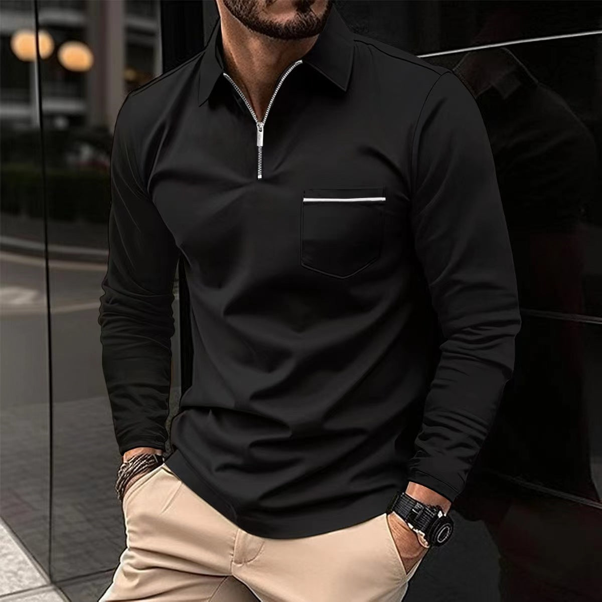 Autumn Essential: Stylish Long Sleeve Zipper Polo Shirt for Men