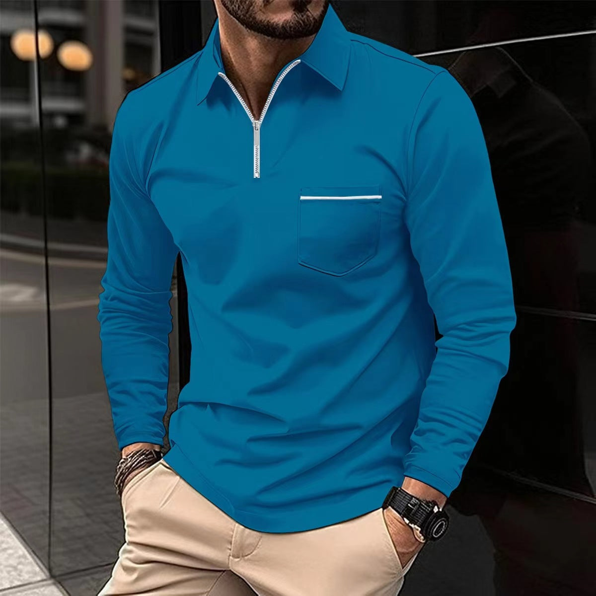 Autumn Essential: Stylish Long Sleeve Zipper Polo Shirt for Men