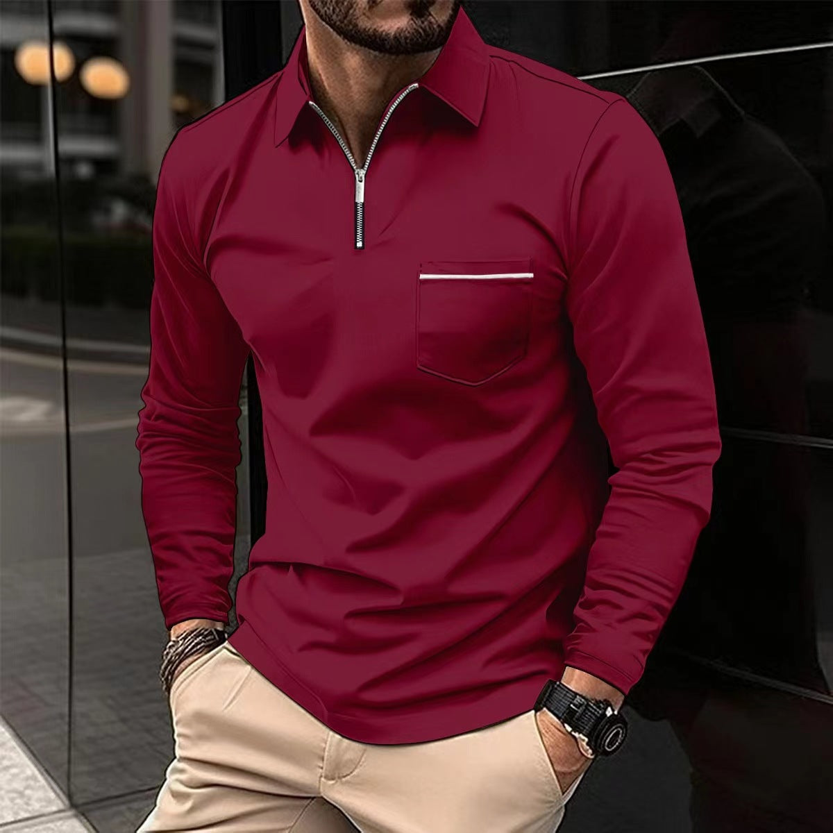 Autumn Essential: Stylish Long Sleeve Zipper Polo Shirt for Men