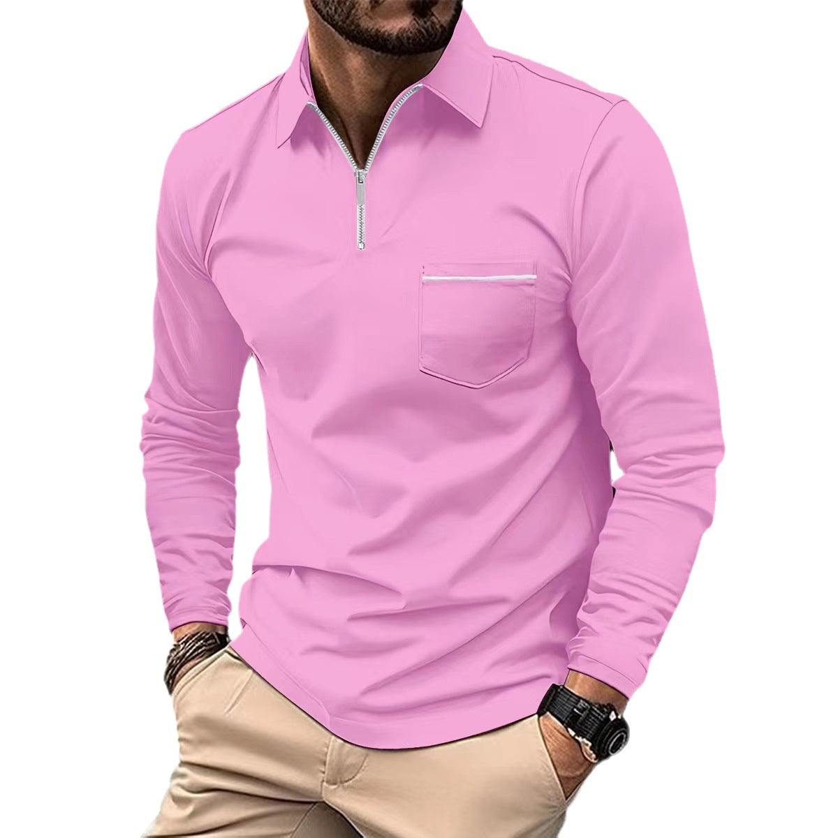 Autumn Essential: Stylish Long Sleeve Zipper Polo Shirt for Men